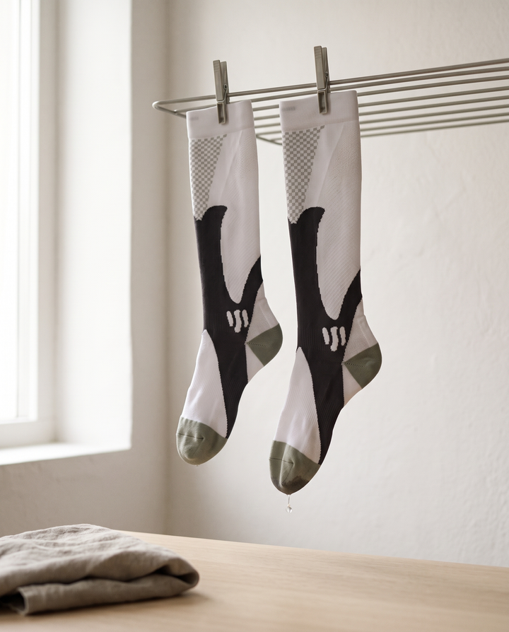 Freshly washed Montrell compression socks hanging to air dry on a drying rack
