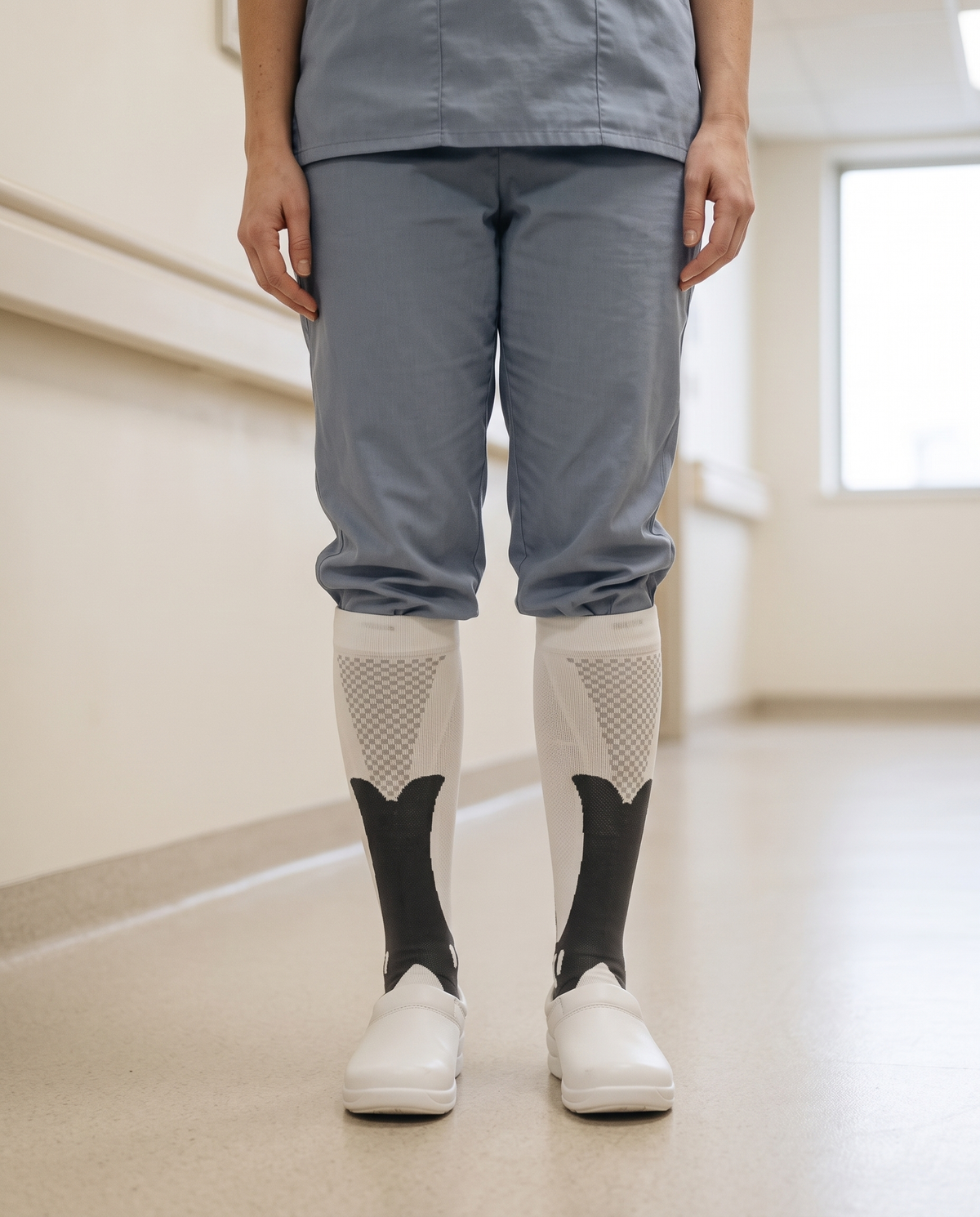A nurse in scrubs standing in a hospital corridor wearing Montrell compression socks with clinical shoes