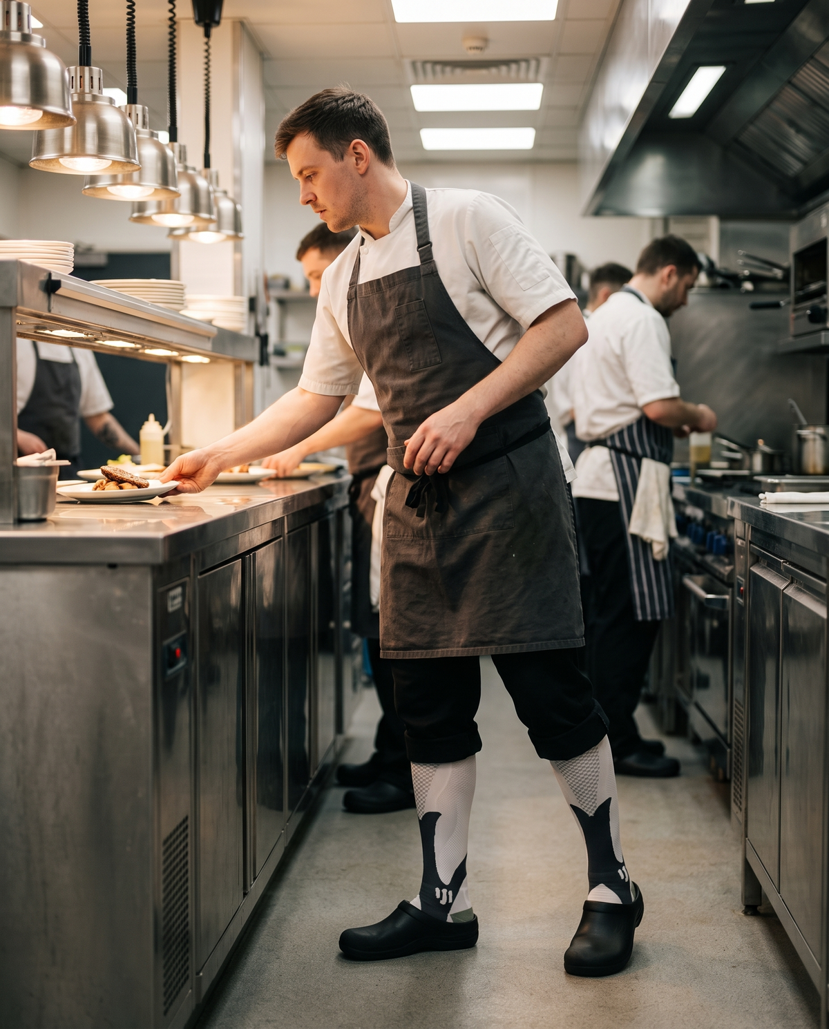 A chef working at the pass in a professional kitchen wearing Montrell compression socks