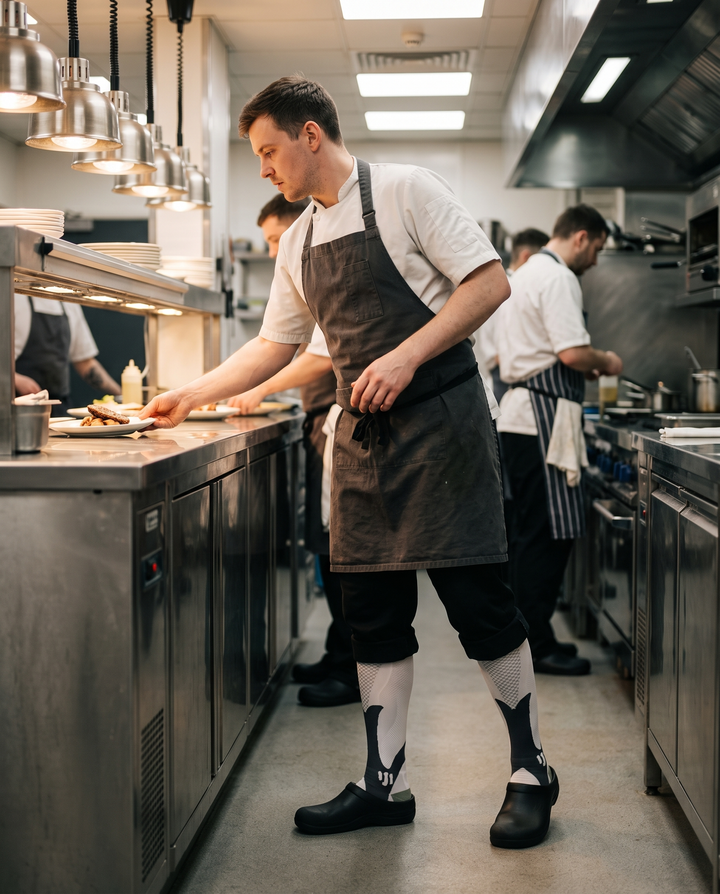 A chef working at the pass in a professional kitchen wearing Montrell compression socks